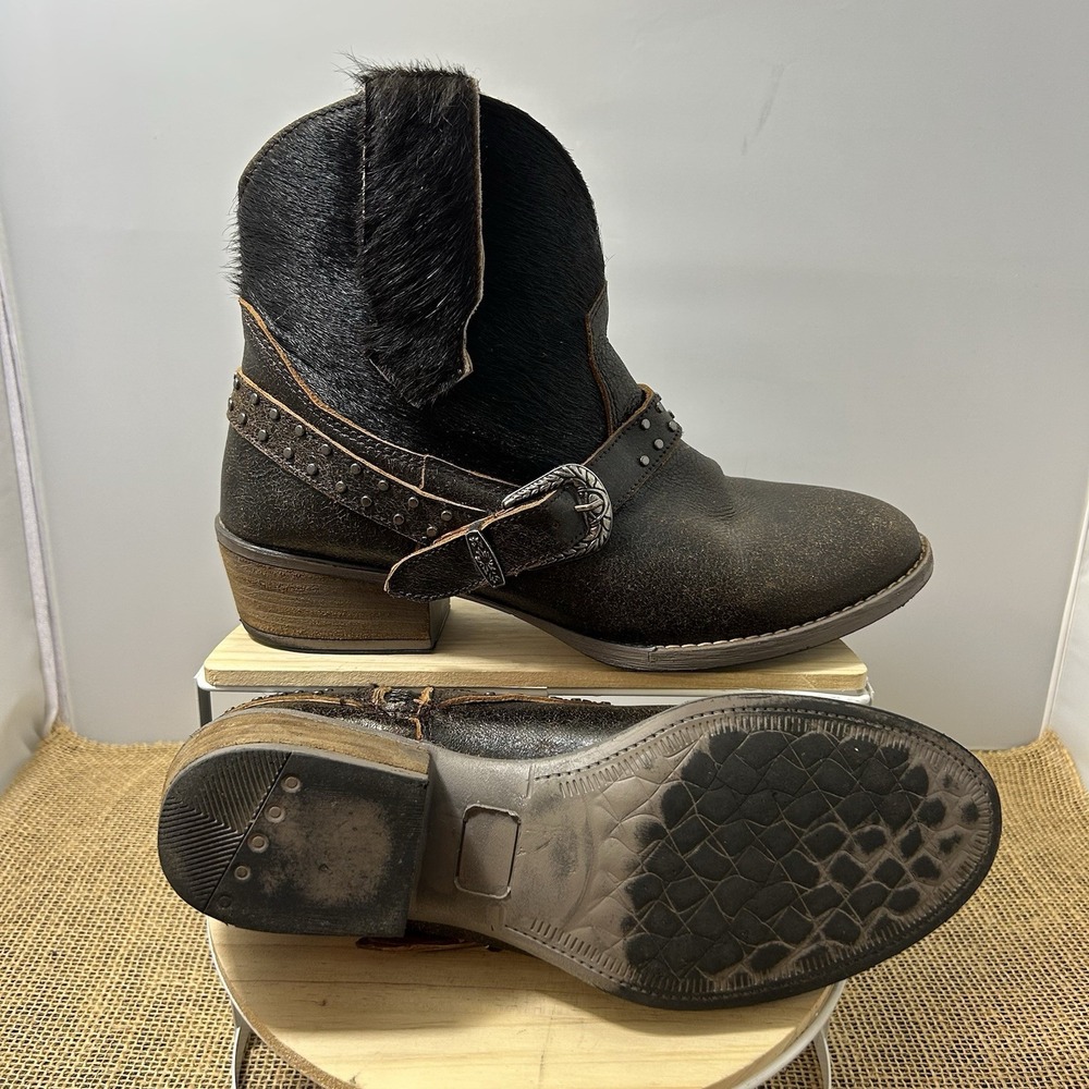 Western Cowhide Studded Leather Ankle Boots Brown Distressed Womens 10 M Calf